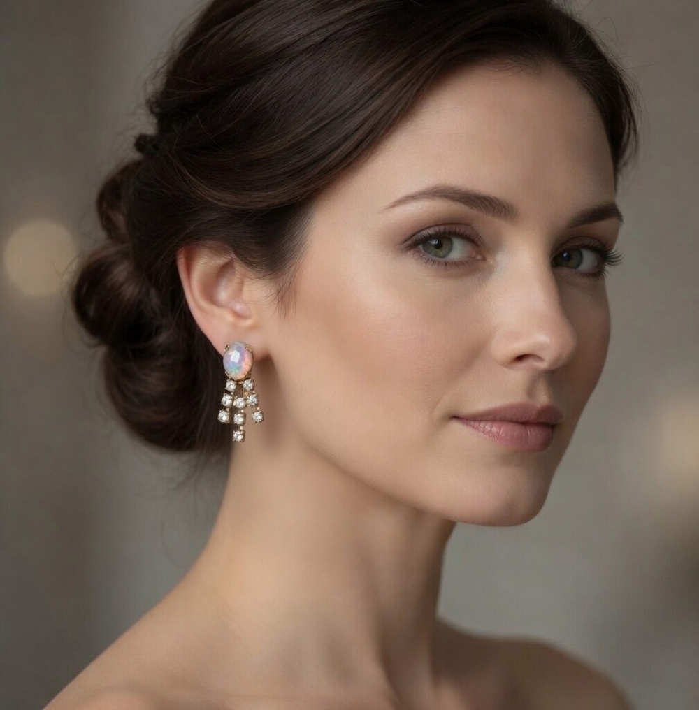 Vintage Iridescent Opal Rhinestone Chandelier Drop Earrings
